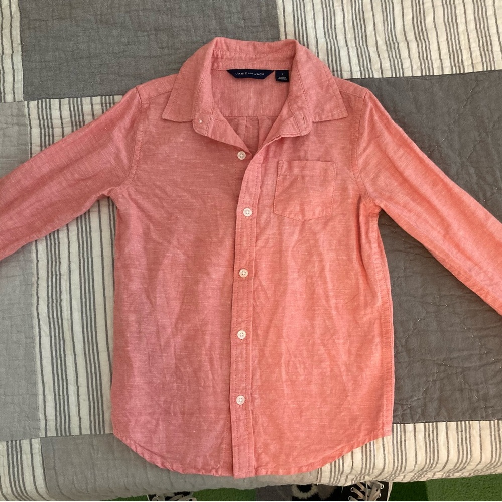 Janie and Jack Boys Orange / Coral Cotton Linen Button Down Shirt Size 5